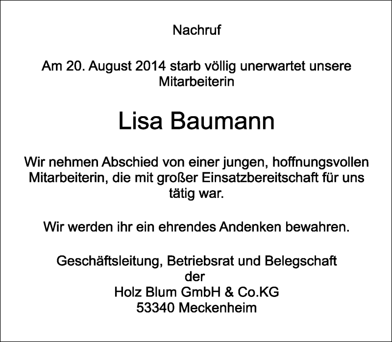 Traueranzeige für Lisa Baumann vom 23.08.2014 aus General-Anzeiger Bonn