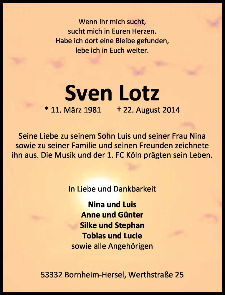  Traueranzeige für Sven Lotz vom 28.08.2014 aus General-Anzeiger Bonn