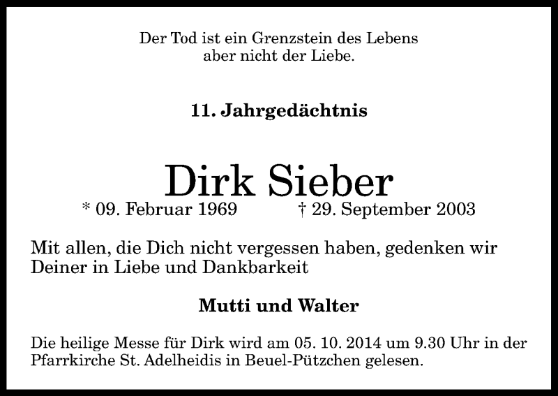  Traueranzeige für Dirk Sieber vom 27.09.2014 aus General-Anzeiger Bonn