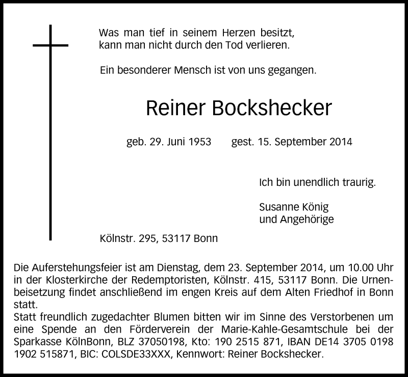  Traueranzeige für Reiner Bockshecker vom 20.09.2014 aus General-Anzeiger Bonn