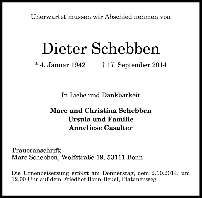  Traueranzeige für Dieter Schebben vom 27.09.2014 aus General-Anzeiger Bonn
