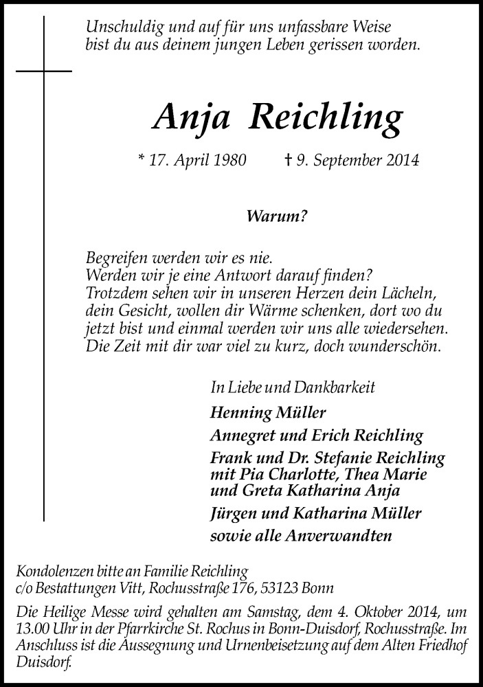  Traueranzeige für Anja Reichling vom 27.09.2014 aus General-Anzeiger Bonn