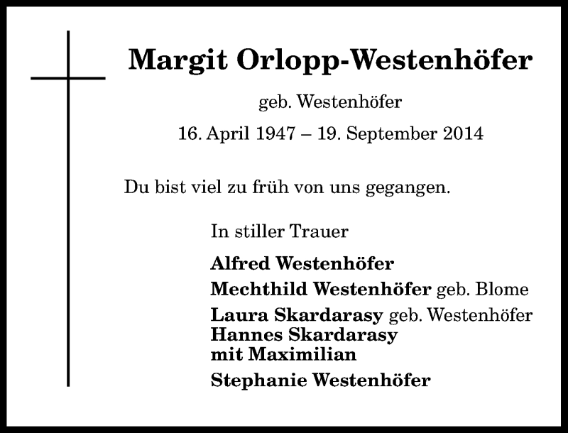  Traueranzeige für Margit Orlopp-Westenhöfer vom 01.10.2014 aus General-Anzeiger Bonn