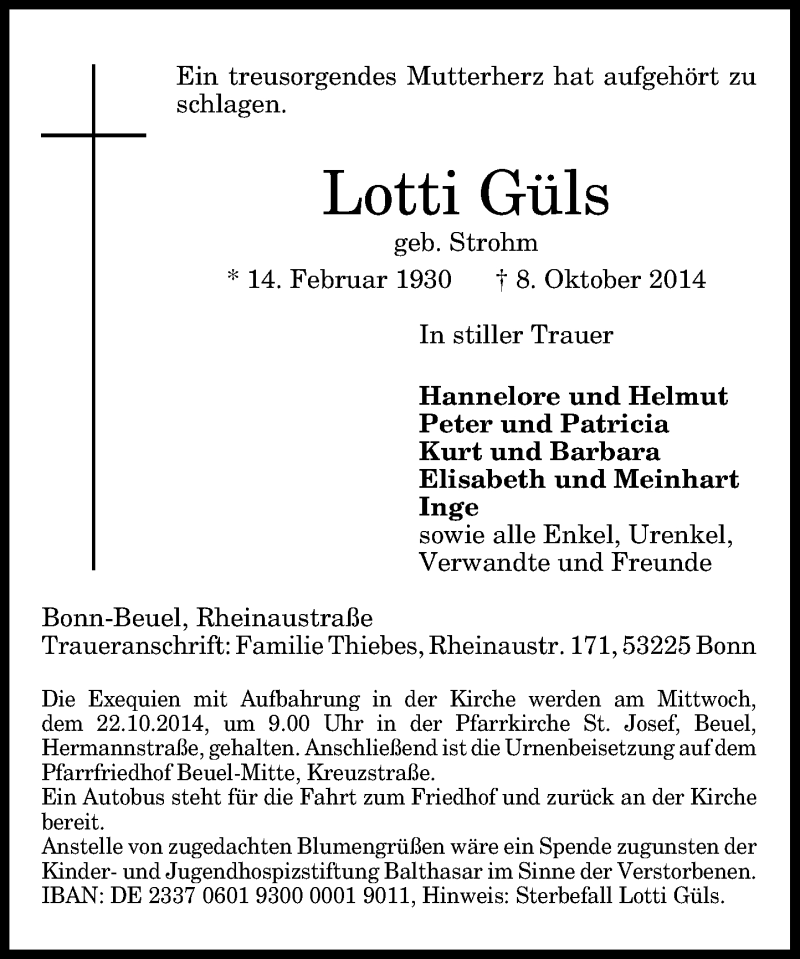  Traueranzeige für Lotti Güls vom 18.10.2014 aus General-Anzeiger Bonn