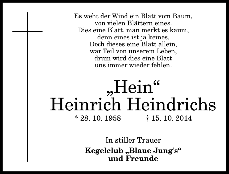  Traueranzeige für Heinrich Heindrichs vom 18.10.2014 aus General-Anzeiger Bonn