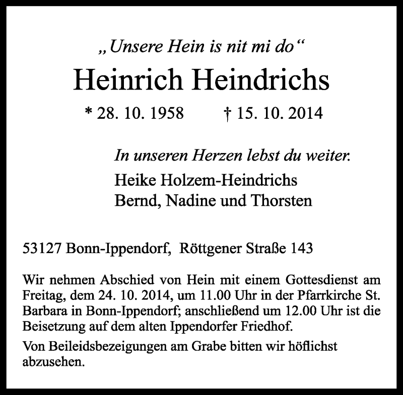  Traueranzeige für Heinrich Heindrichs vom 18.10.2014 aus General-Anzeiger Bonn