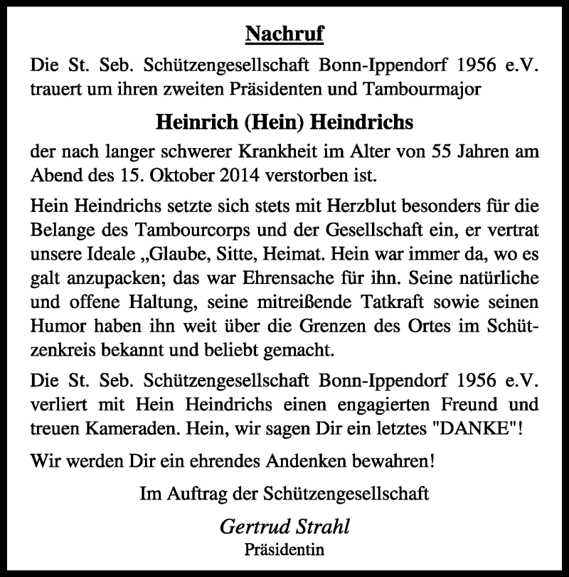  Traueranzeige für Heinrich Heindrichs vom 20.10.2014 aus General-Anzeiger Bonn