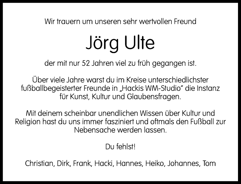  Traueranzeige für Jörg Ulte vom 25.10.2014 aus General-Anzeiger Bonn