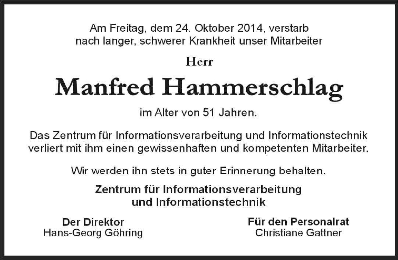  Traueranzeige für Manfred Hammerschlag vom 04.11.2014 aus General-Anzeiger Bonn