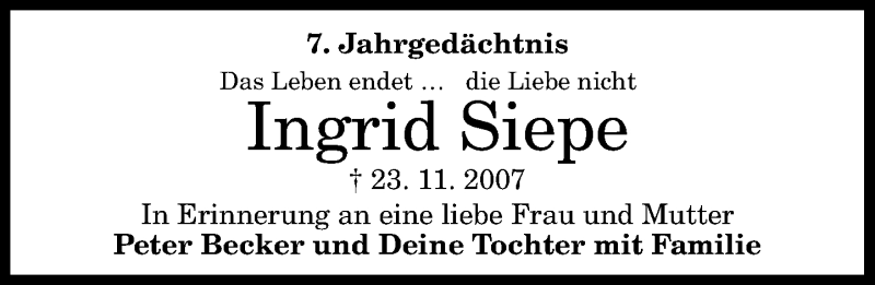  Traueranzeige für Ingrid Siepe vom 22.11.2014 aus General-Anzeiger Bonn