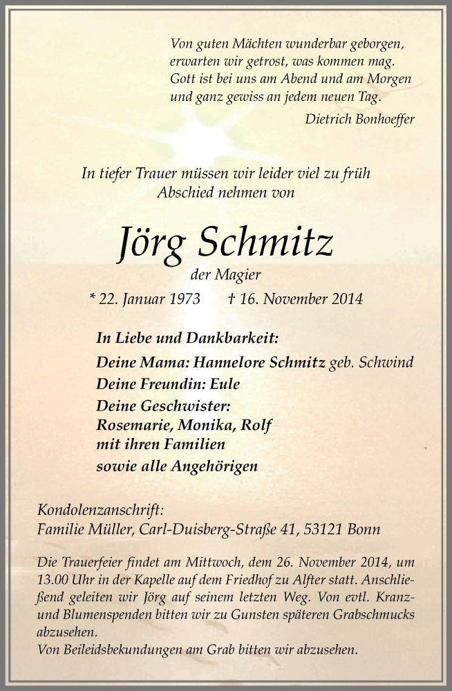  Traueranzeige für Jörg Schmitz vom 22.11.2014 aus General-Anzeiger Bonn