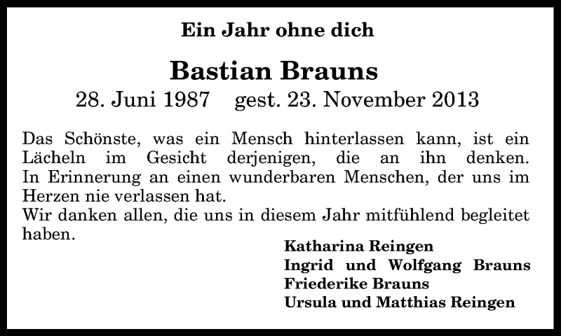  Traueranzeige für Bastian Brauns vom 22.11.2014 aus General-Anzeiger Bonn