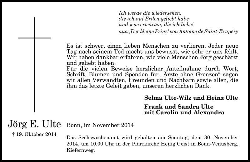 Traueranzeige für Jörg Ulte vom 22.11.2014 aus General-Anzeiger Bonn