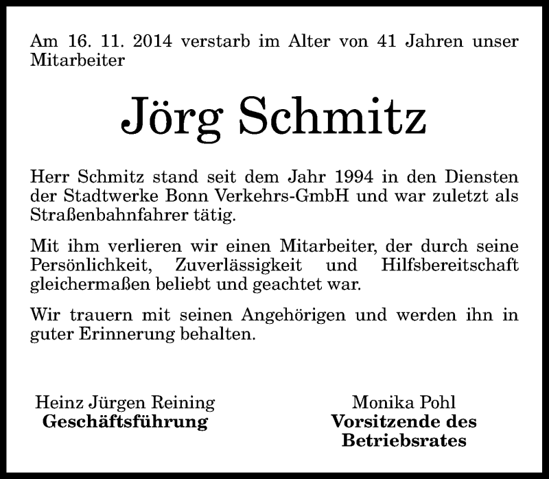  Traueranzeige für Jörg Schmitz vom 26.11.2014 aus General-Anzeiger Bonn