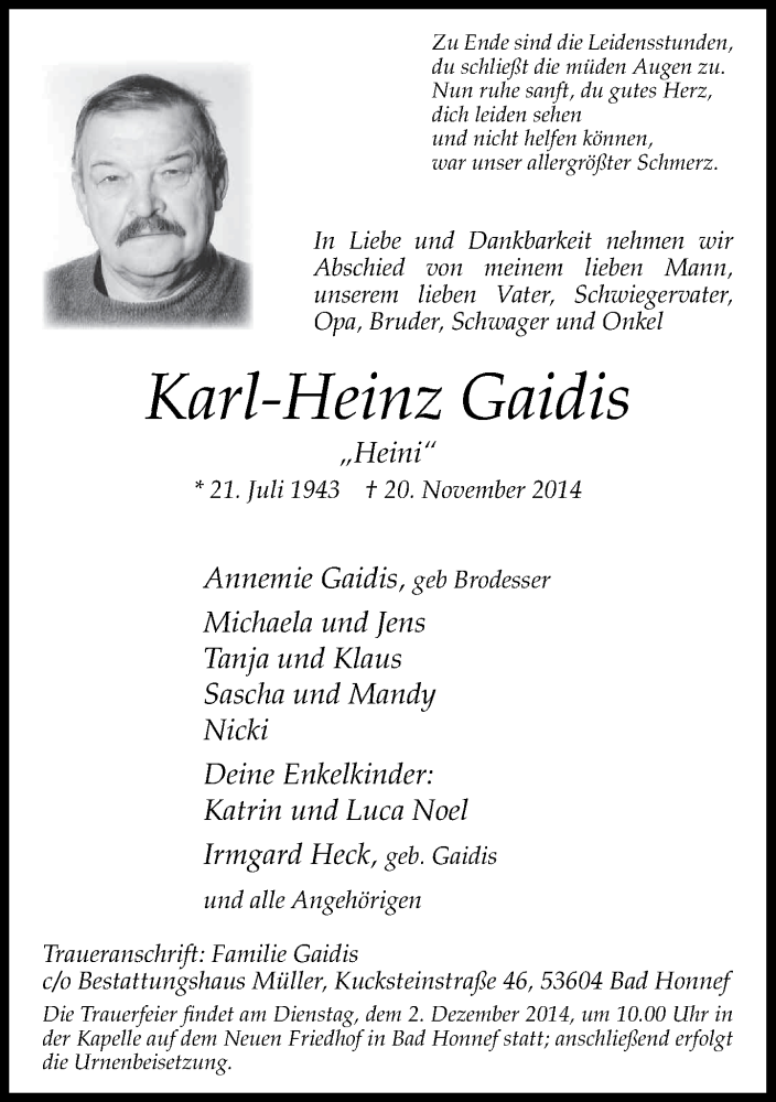  Traueranzeige für Karl-Heinz Gaidis vom 29.11.2014 aus General-Anzeiger Bonn
