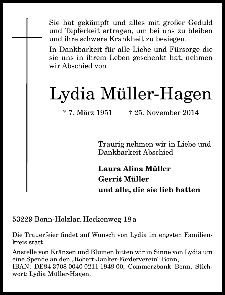  Traueranzeige für Lydia Müller-Hagen vom 06.12.2014 aus General-Anzeiger Bonn