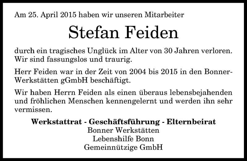  Traueranzeige für Stefan Feiden vom 02.05.2015 aus General-Anzeiger Bonn