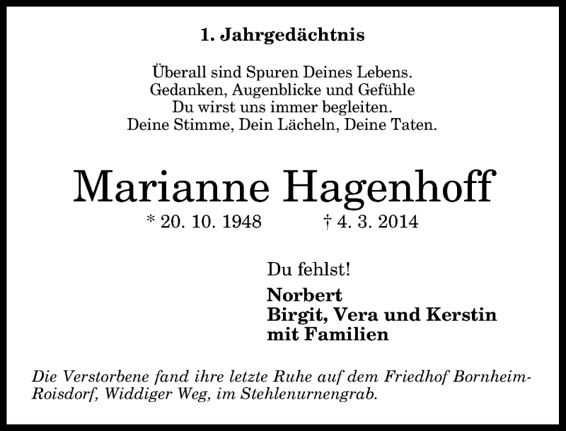  Traueranzeige für Marianne Hagenhoff vom 04.03.2015 aus General-Anzeiger Bonn