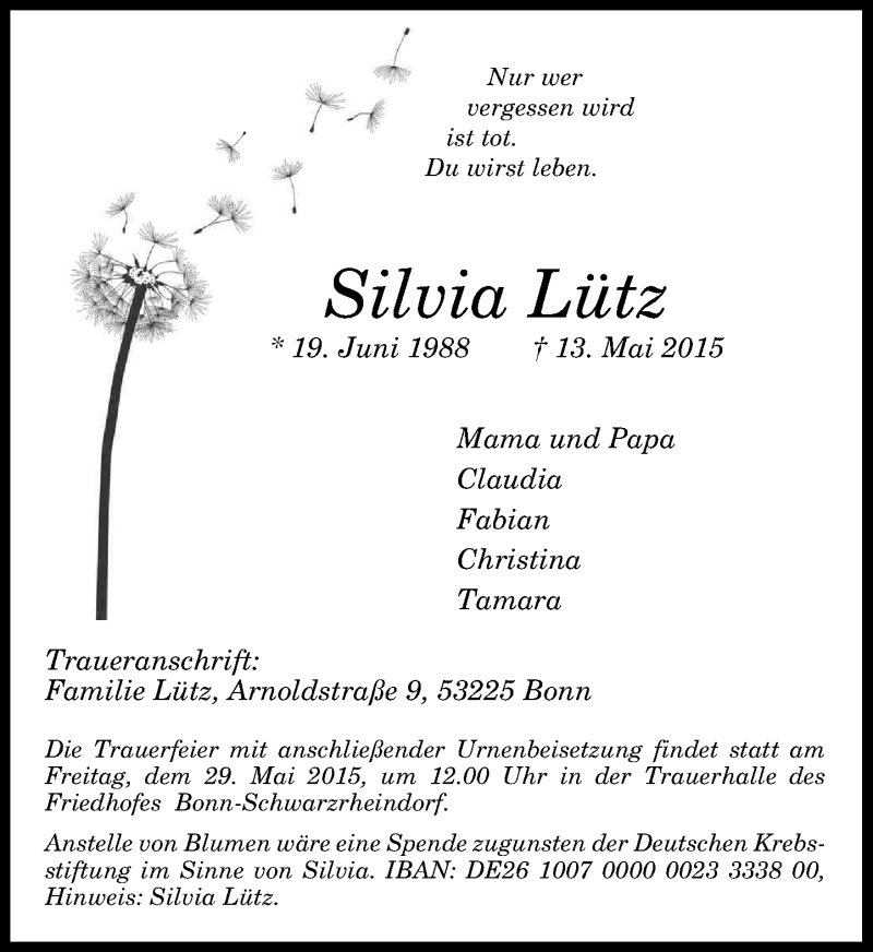  Traueranzeige für Silvia Lütz vom 23.05.2015 aus General-Anzeiger Bonn