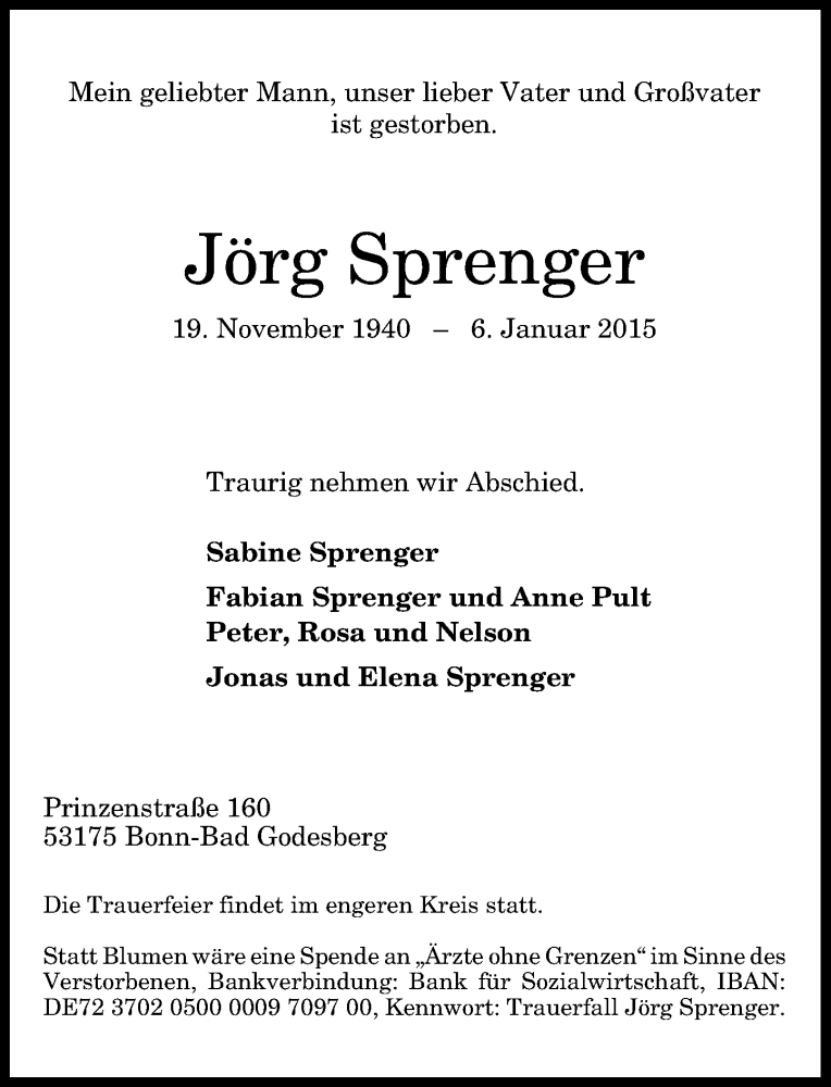  Traueranzeige für Jörg Sprenger vom 10.01.2015 aus General-Anzeiger Bonn