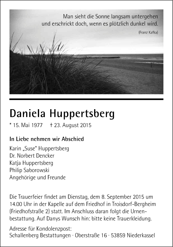 Traueranzeige für Daniela Huppertsberg vom 29.08.2015 aus General-Anzeiger Bonn