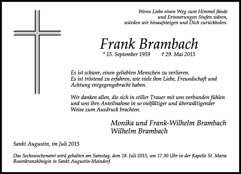  Traueranzeige für Frank Brambach vom 04.07.2015 aus General-Anzeiger Bonn
