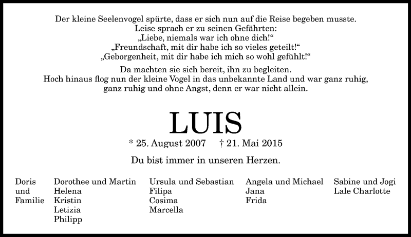  Traueranzeige für Luis  vom 27.05.2015 aus General-Anzeiger Bonn