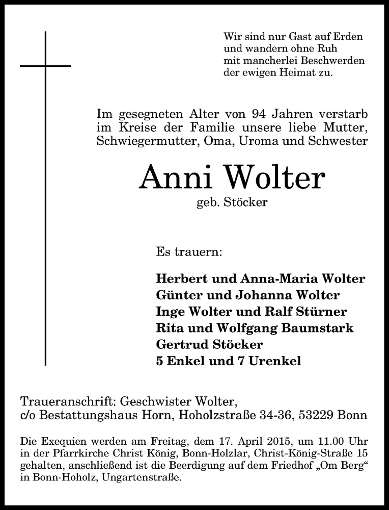  Traueranzeige für Anni Wolter vom 11.04.2015 aus General-Anzeiger Bonn