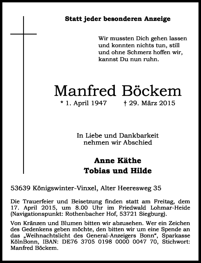  Traueranzeige für Manfred Böckem vom 11.04.2015 aus General-Anzeiger Bonn