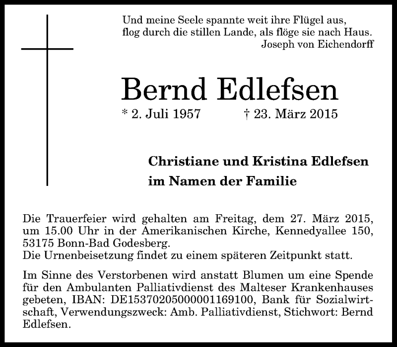  Traueranzeige für Bernd Edlefsen vom 25.03.2015 aus General-Anzeiger Bonn