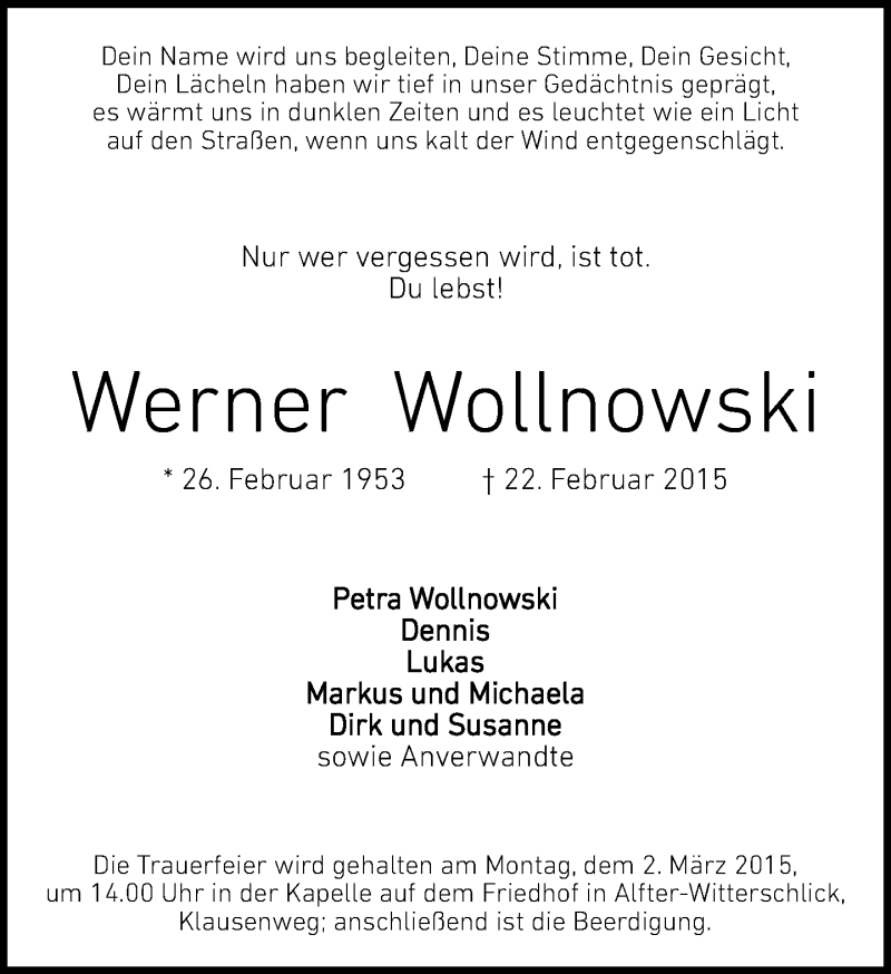  Traueranzeige für Werner Wollnowski vom 25.02.2015 aus General-Anzeiger Bonn