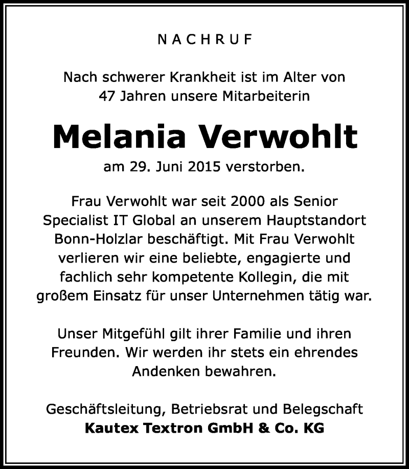  Traueranzeige für Melania Verwohlt vom 02.07.2015 aus General-Anzeiger Bonn