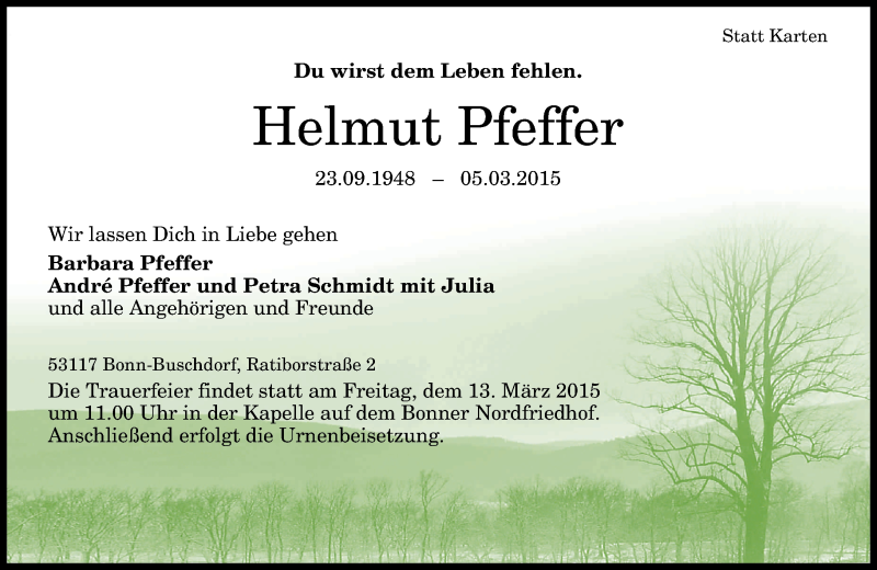  Traueranzeige für Helmut Pfeffer vom 07.03.2015 aus General-Anzeiger Bonn