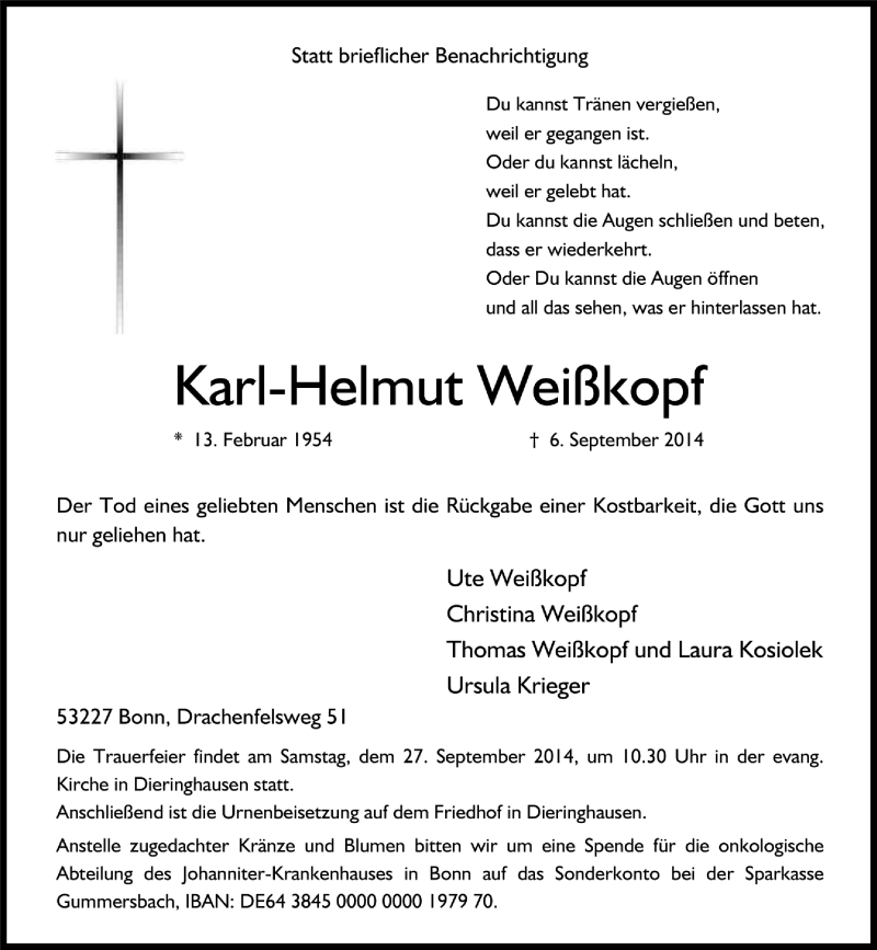  Traueranzeige für Karl-Helmut Weißkopf vom 11.09.2014 aus General-Anzeiger Bonn