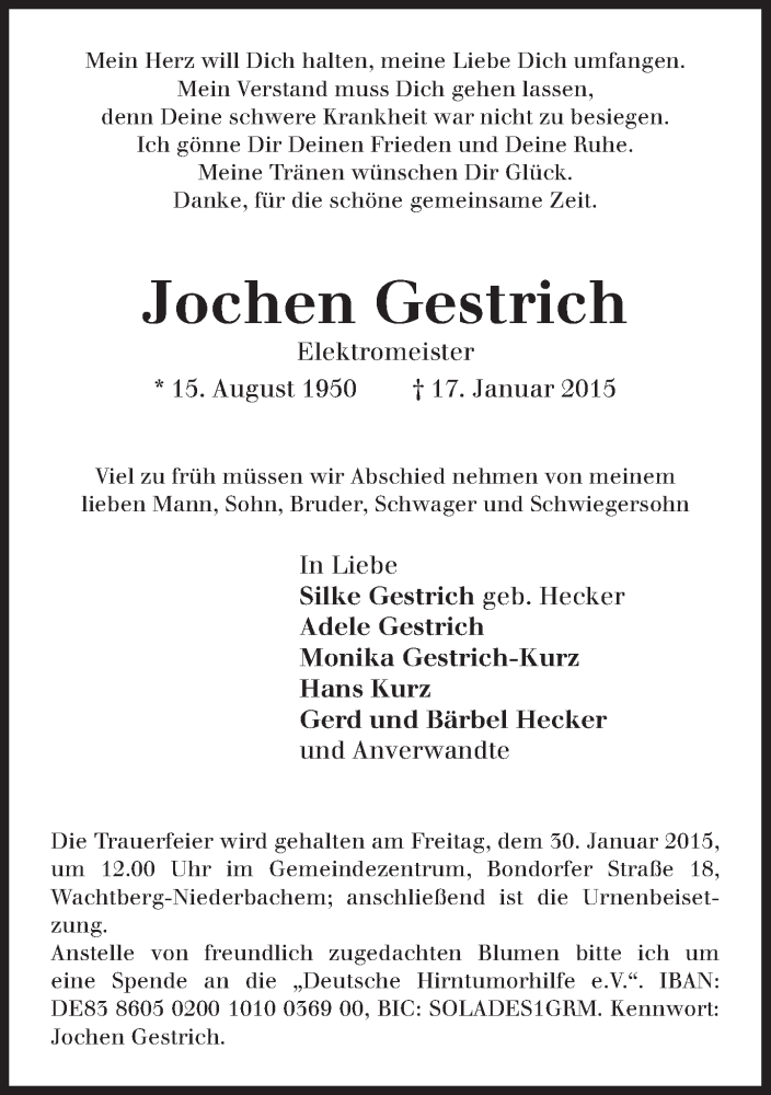  Traueranzeige für Jochen Gestrich vom 24.01.2015 aus General-Anzeiger Bonn