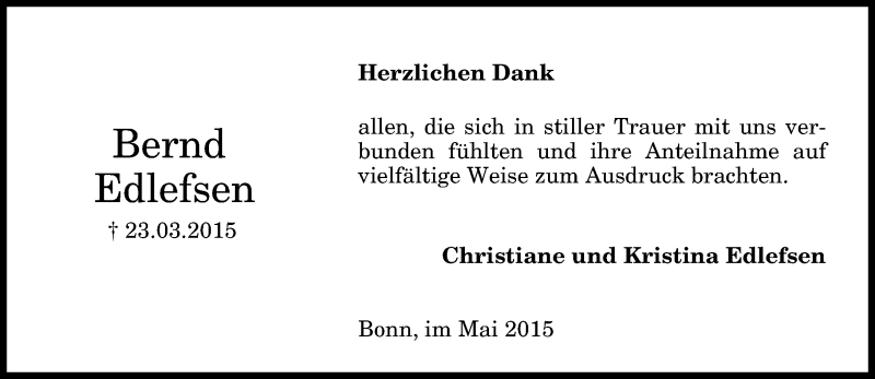  Traueranzeige für Bernd Edlefsen vom 02.05.2015 aus General-Anzeiger Bonn