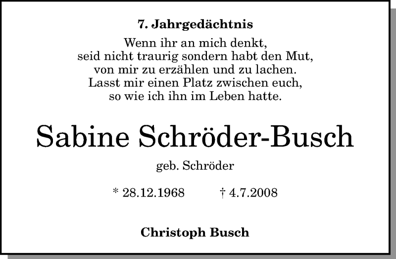  Traueranzeige für Sabine Schröder-Busch vom 04.07.2015 aus General-Anzeiger Bonn