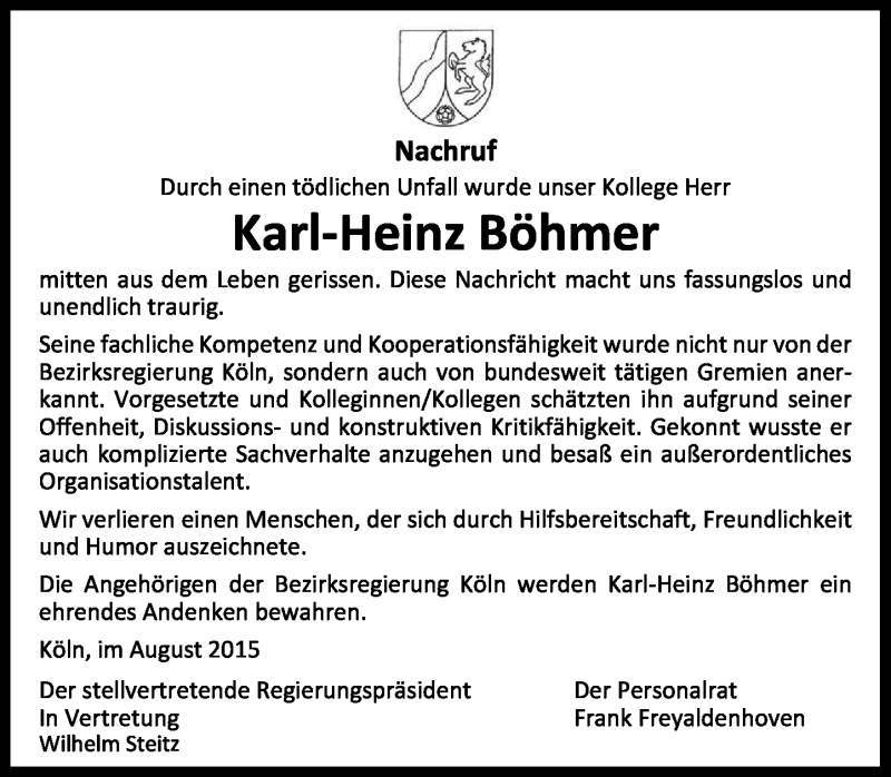  Traueranzeige für Karl-Heinz Böhmer vom 01.08.2015 aus General-Anzeiger Bonn