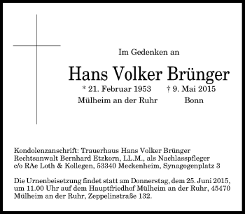 Anzeige von Hans Volker Brünger von General-Anzeiger Bonn