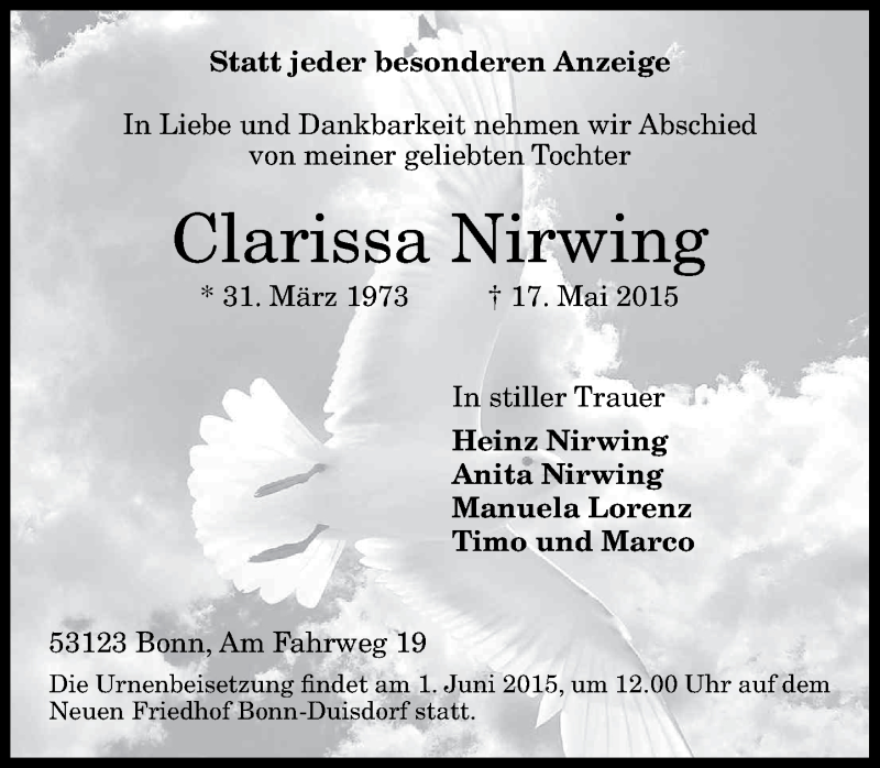  Traueranzeige für Clarissa Nirwing vom 23.05.2015 aus General-Anzeiger Bonn
