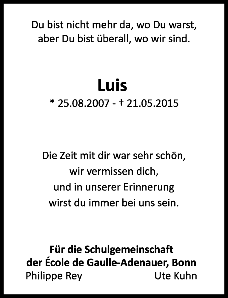  Traueranzeige für Luis  vom 30.05.2015 aus General-Anzeiger Bonn