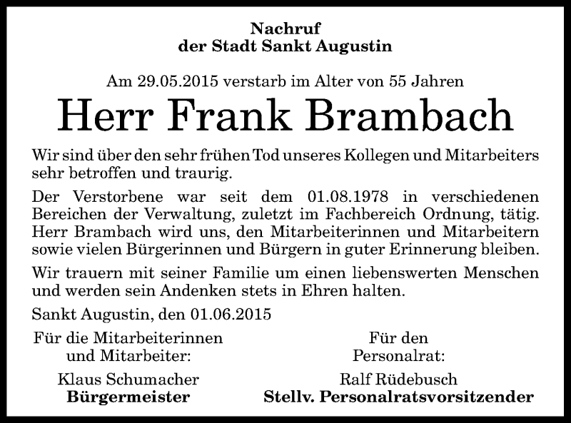  Traueranzeige für Frank Brambach vom 04.06.2015 aus General-Anzeiger Bonn