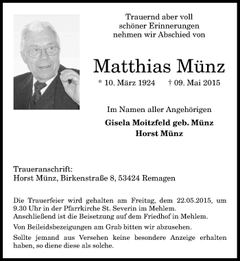 Anzeige von Matthias Münz von General-Anzeiger Bonn