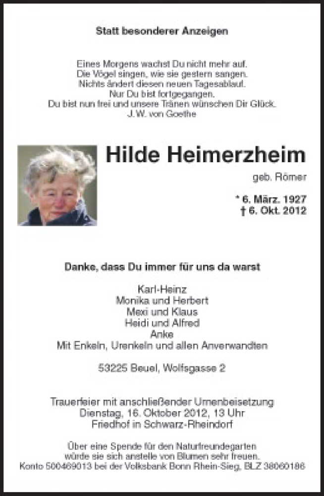  Traueranzeige für Hilde Heimerzheim vom 13.10.2012 aus General-Anzeiger Bonn