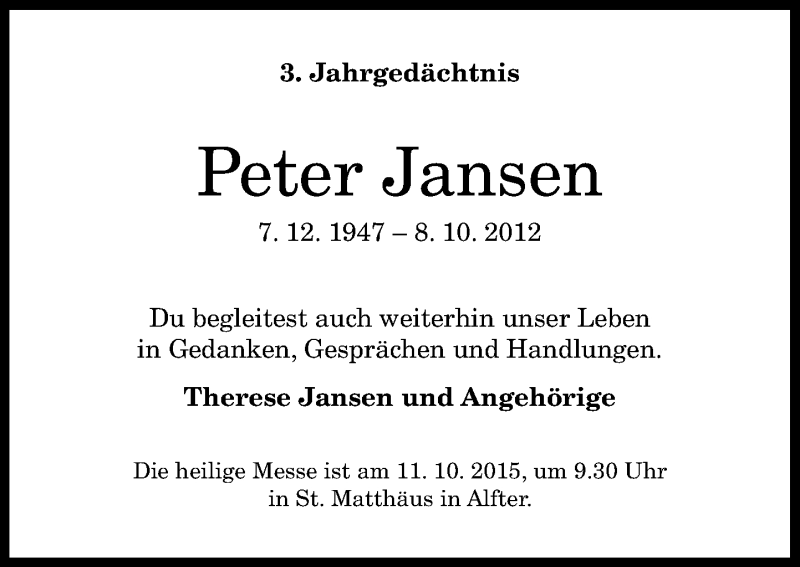  Traueranzeige für Peter Jansen vom 03.10.2015 aus General-Anzeiger Bonn