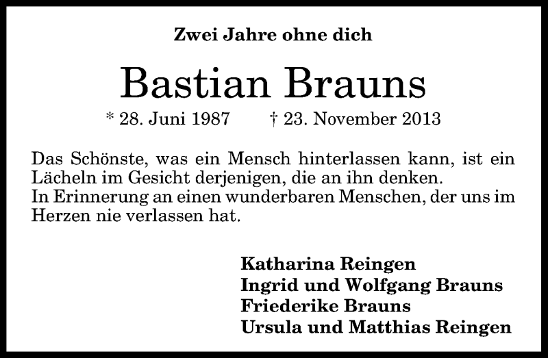  Traueranzeige für Bastian Brauns vom 21.11.2015 aus General-Anzeiger Bonn