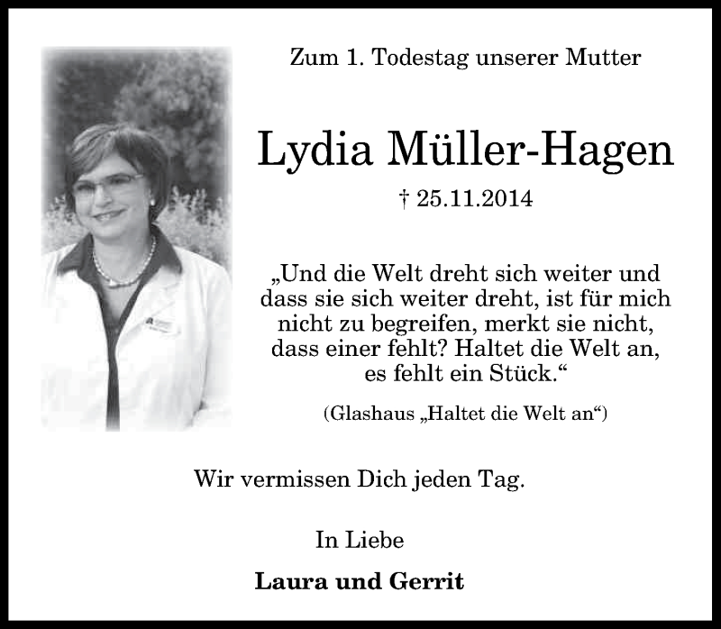  Traueranzeige für Lydia Müller-Hagen vom 28.11.2015 aus General-Anzeiger Bonn