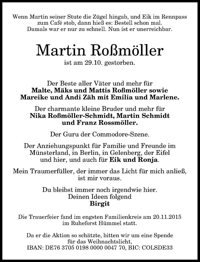  Traueranzeige für Martin Roßmöller vom 21.11.2015 aus General-Anzeiger Bonn