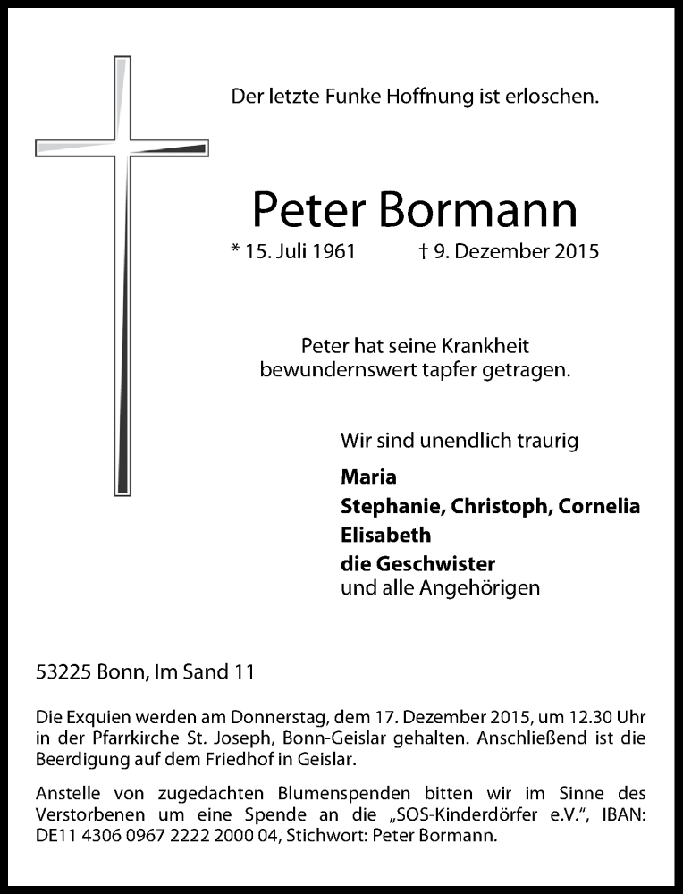  Traueranzeige für Peter Bormann vom 12.12.2015 aus General-Anzeiger Bonn