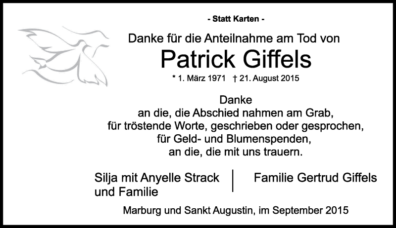  Traueranzeige für Patrick Giffels vom 26.09.2015 aus General-Anzeiger Bonn